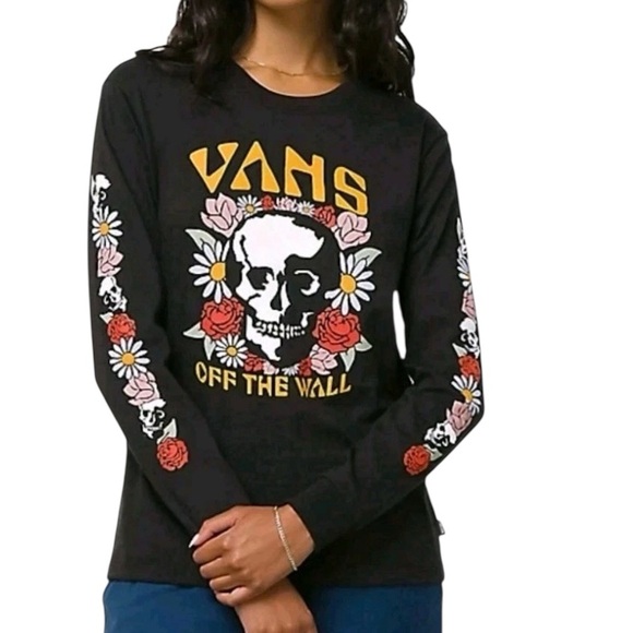 Vans Tops - Vans Skull Rose Floral Graphic Long Sleeve T Shirt SZ L Black Punk Grunge Skater